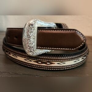 Nocona Brown Leather Belt with Silver Ornate Buckle